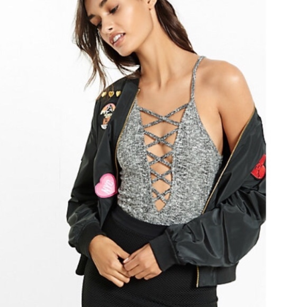 Express One Eleven Marled Gray Lace Up Bodysuit